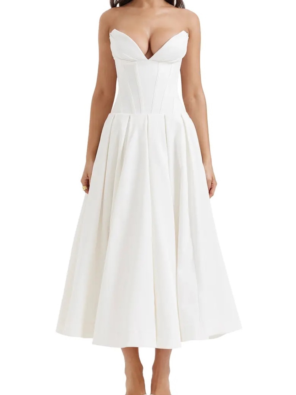 Strapless White Midi Dress with Structured Bodice